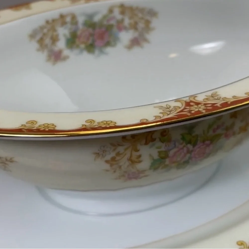 Noritake China Cardinal Rose Gravy Sauce Boat w Attached Tray Occupied Japan